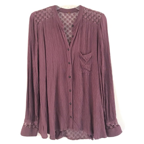 Free People | The Best Blouse Button Front Size M Purple Crochet Oversized - Picture 3 of 10